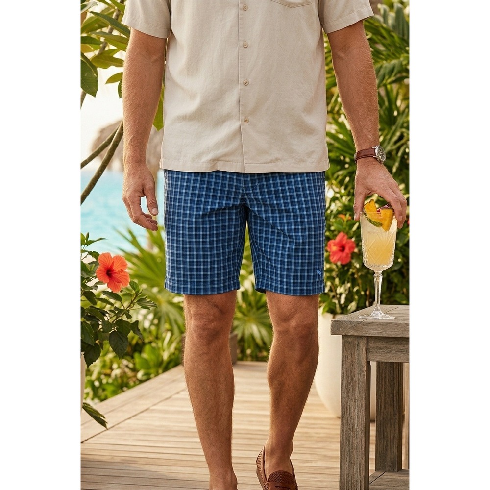 Tommy Bahama Mens 40 Blue Plaid Classic Fit Stretch Golf Casual Shorts